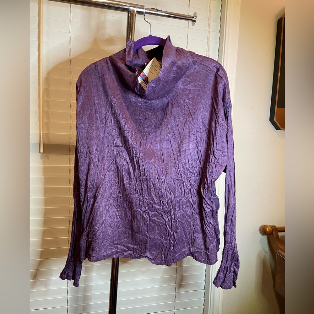 Japanalia Crinkled Stand Collar Silk Blouse- Mock T Neck Silk Top - fits like L